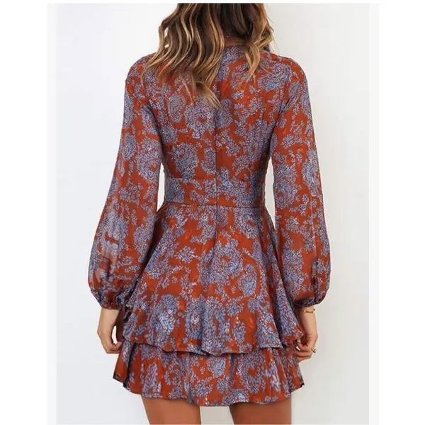 NEW V Neck Ruffle Chiffon Tie Knot Mini L Swing Skater Dress XL - Image 2