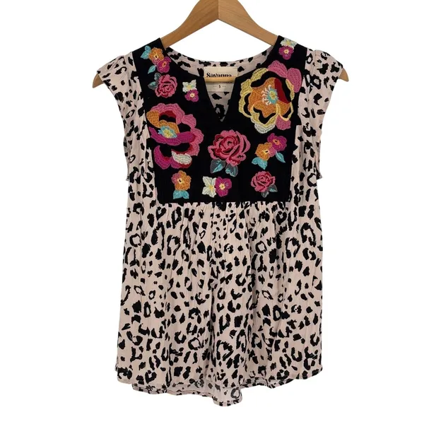 Savanna Jane Leopard Print Floral Embroidered Boho‎ Top Small Tan Black Rose - Image 2