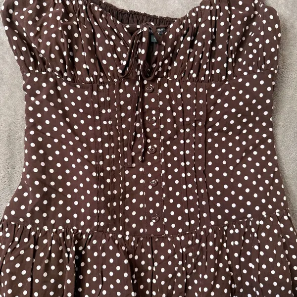 Wild Fable Polka Dot Mini Dress XXS Milkmaid Brown Tiered Ruffle Smocked Lace - Image 5
