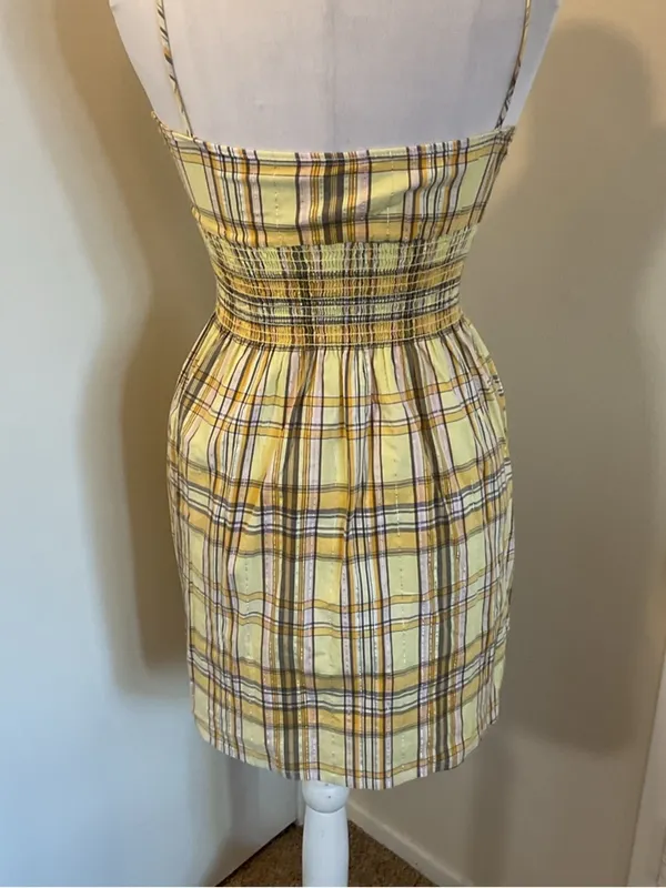 Fabiola Yellow Plaid Sundress Small Smocked Waist V-Neck Cotton Blend Summer - Image 5