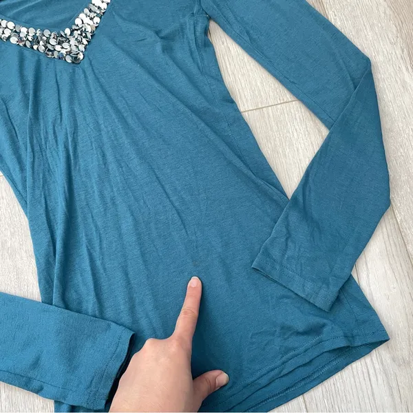 Abercrombie & Fitch Top sequin v neck long sleeve womens Blue (small) vintage - Image 5