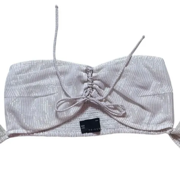 ASOS Puff Sleeve Metallic Striped Crop Top Stretch Bra Top Size 2 Cream Gold - Image 4