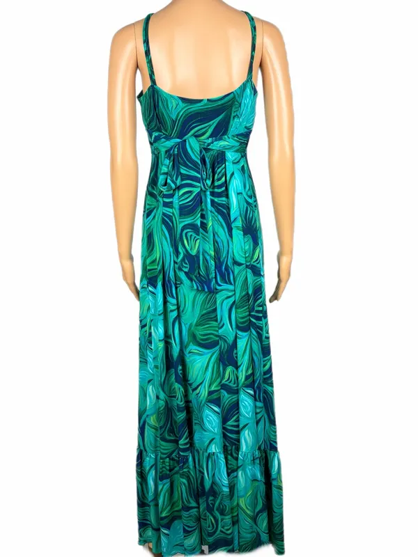 BISOU BISOU Green Navy Blue Tropical Swirl Print Empire Waist Maxi Dress Size 16 - Image 7