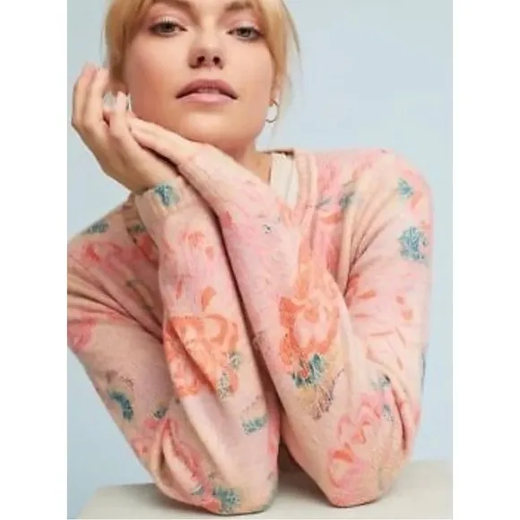 Anthropologie POSTMARK Devon Floral Cardigan Sweater Pink Knitwear Buttons Small - Image 4
