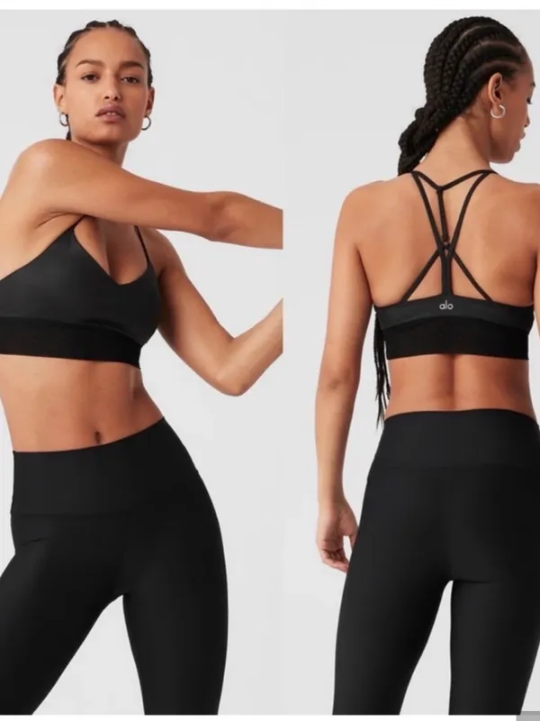 ALO Yoga Glossy Strappy Sports Bra - Black xs mesh bottom - Image 2