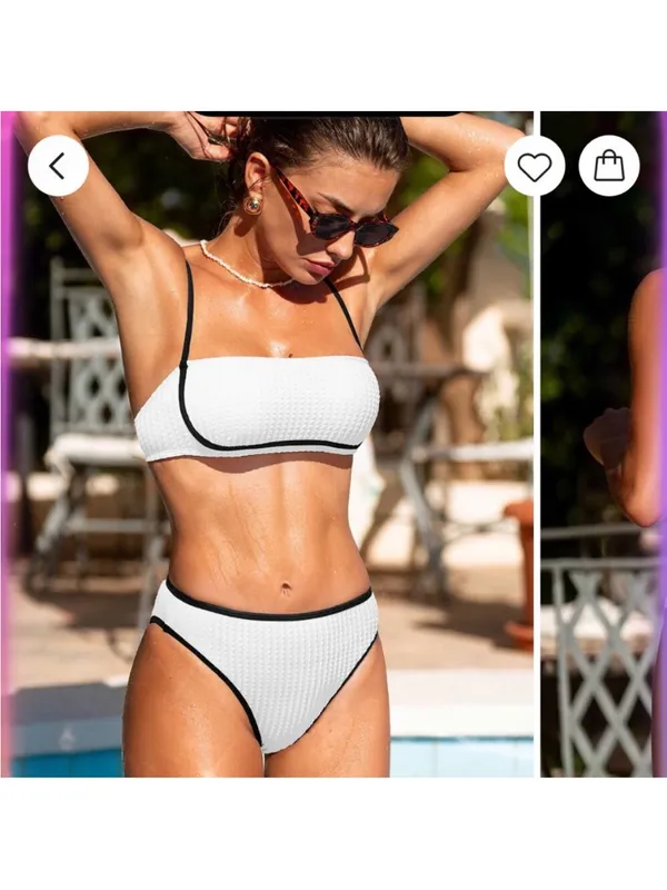 Cupshe NWT Women’s Cream Ribbed Bikini with Black Trim, M - Image 3