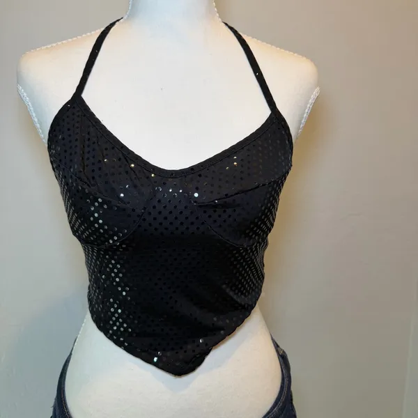 Love‎ J Black Sequin Halter Top Small Y2K Festival Clubwear - Image 5