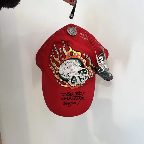 NWT Ed Hardy Red Skull With Fire Flames Rhinestone SnapBack Trucker‎ Hat Edgy - Image 3