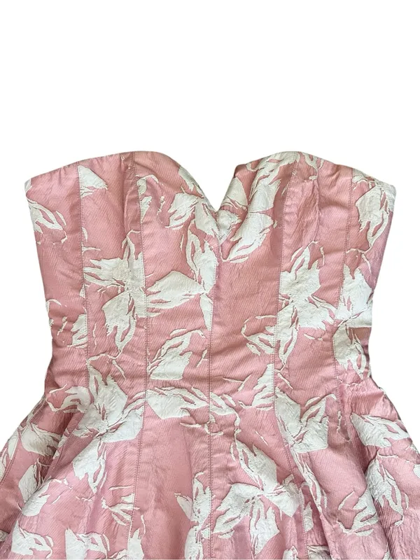 Halston Heritage Women’s Vie En Rose Strapless Pink White Floral Jacquard Dress - Image 3