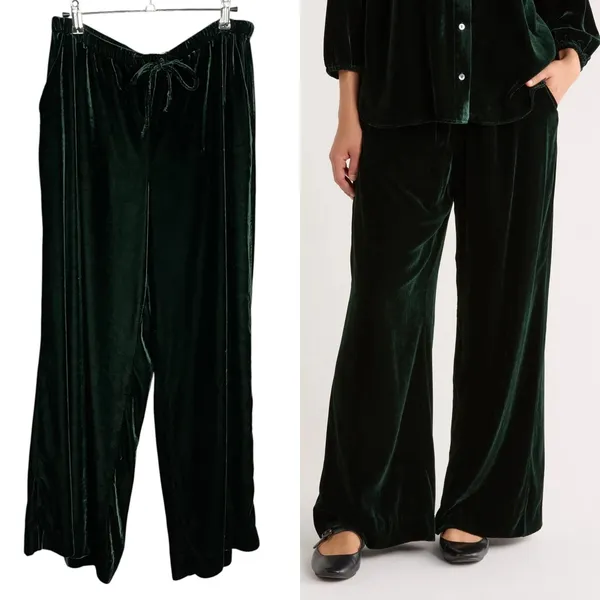Marine Layer Bella Velvet Pants Slouchy Wide Leg Women Medium Green Drawstring - Image 2