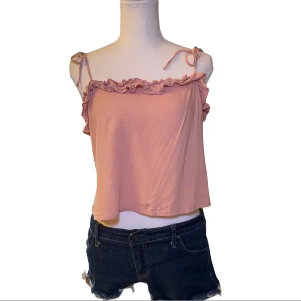 Y2K Pink Ruffle Tie Strap Crop Top Boho Babydoll‎ Cami Size Medium - Image 2