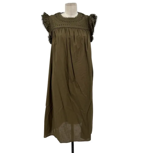 Boden Broderie Detail Midi Dress Eyelet Cotton Olive Green Size US 8P‎ Petites - Image 3