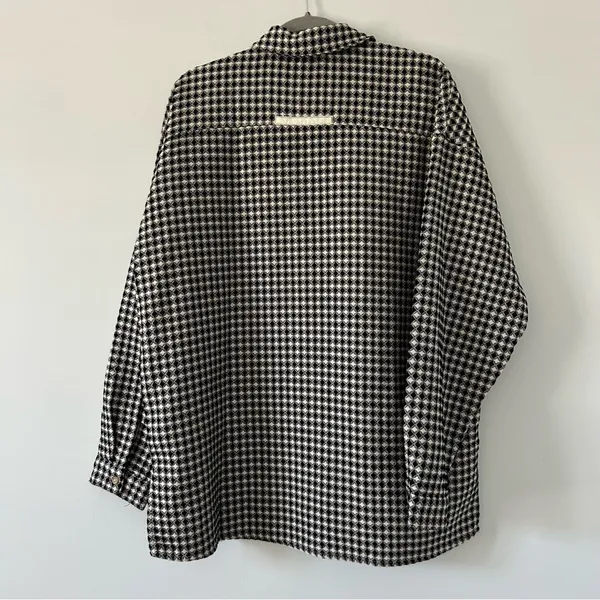 La Miel Tan Black Geometric Print Button Down Oversized Fall Shacket Jacket S - Image 2