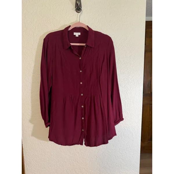 J. Jill Button Down Shirt Burgundy XL Women Pintuck Rayon Long Sleeve Tunic - Image 6