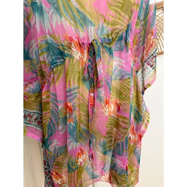 Sunflower Kaftan Swim Cover Up Womens Free Size Pink Tropical Sheer Chiffon Boho - Image 4