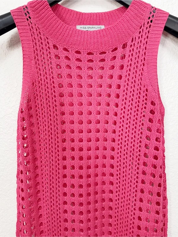 Miss Sparkling Hot Pink Crochet Open Knit Maxi Dress Swim Cover Up - Image 3