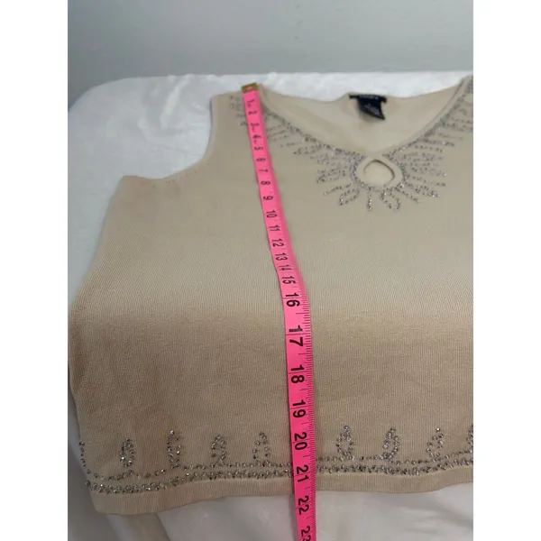 Vintage Silk Keyhole Stretch Knit Rhinestone Y2K Tank Top Beige Silver Boho Chic - Image 9