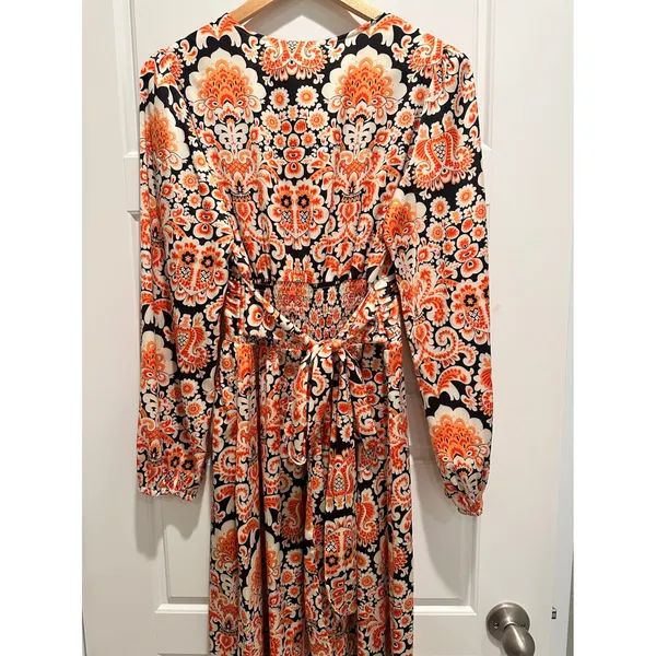Anany Paisley Maxi Dress Orange Black Long Sleeve Medium Boho Wedding Guest‎ NWT - Image 3
