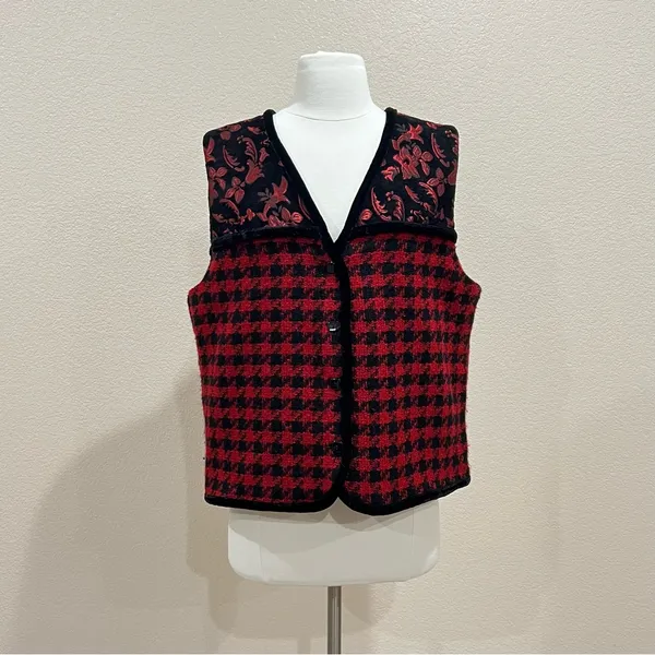 Coldwater Creek Red & Black Jacquard Floral Houndstooth Vest Velvet Trim Large - Image 3