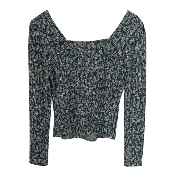 IN San Francisco Square Neck Top Womens Medium Teal Grey Abstract Smocked Ribbed - Image 3