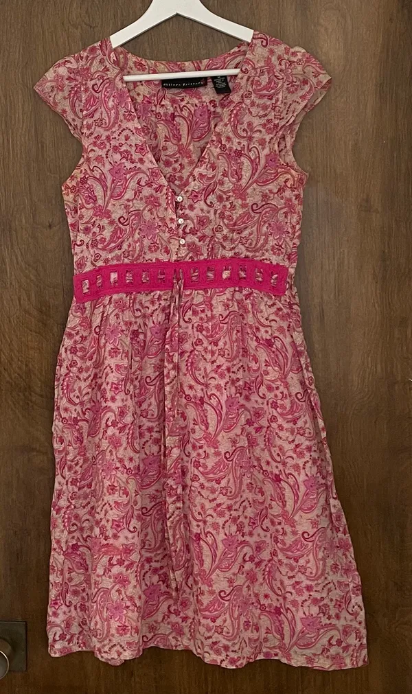 Floral Pink Beige Barbiecore High Waist Cotton Dress, size M - Image 8