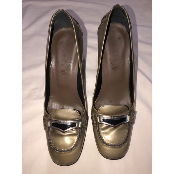 Vintage Tods Bronze Green Metallic Leather Block Heel Loafers 37.5 Y2K 90s - Image 5