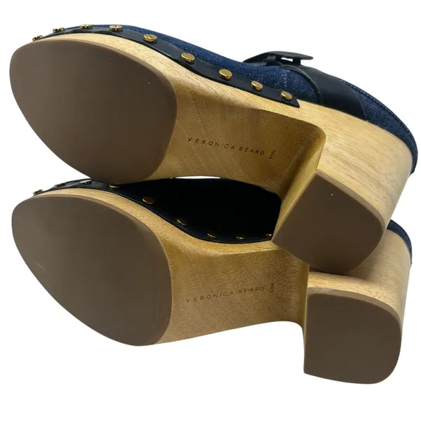 Veronica Beard Dacey Denim Clogs Heels Studded Buckle Wood Blue‎ Size 9.5 - Image 12