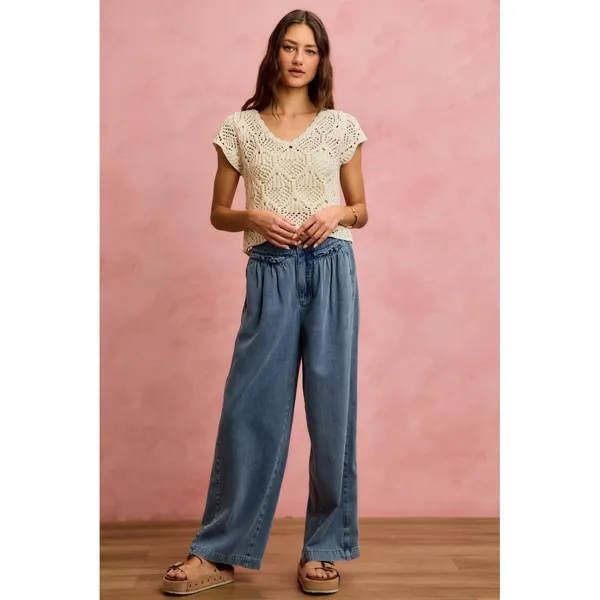 SO ME Mid Rise Ruffled‎ Front Elastic Wide Leg Jeans - Medium - Image 6