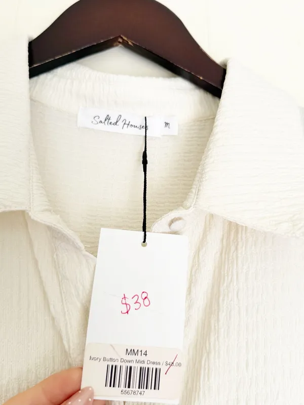 NWT SALTED HOUSES Boutique Collared Button-Front Midi Dress in Ivory Size Medium - Image 5