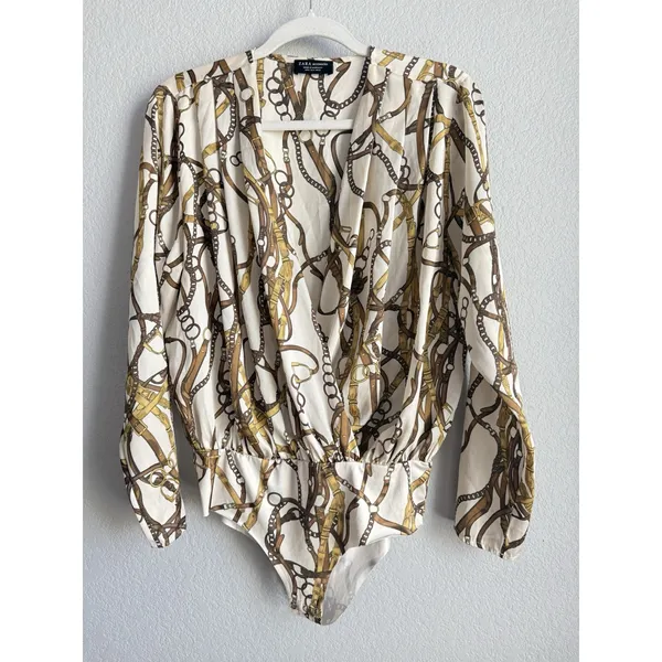 Zara Equestrian Chain Link Print Wrap Bodysuit Blouse Top Gold Brown Ivory Sz M - Image 4