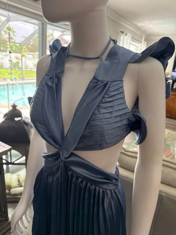 Pleated Satin Cut-Out Maxi Dress in Steel Blue - Image 4