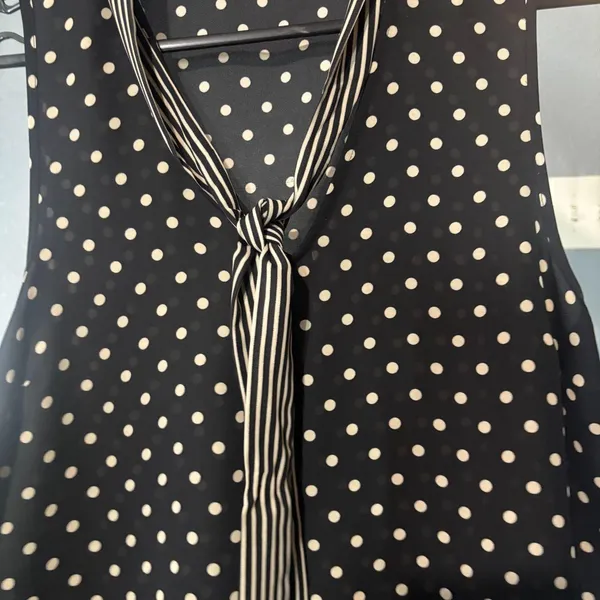 ELLE Black Polka Dot Sleeveless Tie-Neck Blouse - Image 3