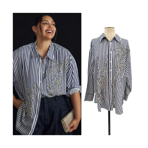 Anthropologie Maeve Bennet Beaded Sequined Button Down Shirt Striped Large‎ - Image 2