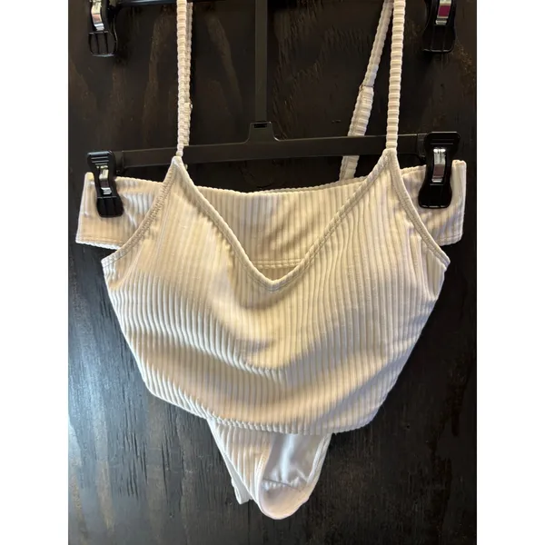 Forever 21 White Ribbed Bikini Set V-Neck‎ Top High Cut Bottoms Medium - Image 2