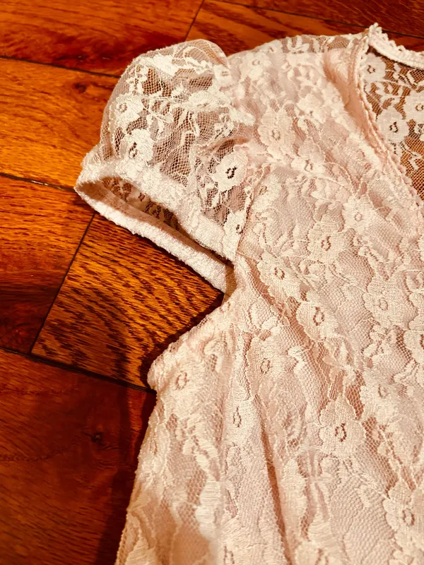 NWOT BABY PINK Lace see through Cap Sleeve Babydoll high low Top size L - Image 20