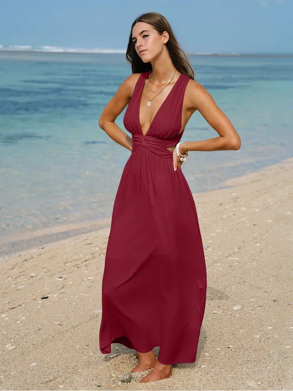 Berlook Wine Red V Neck Plaeted Beach Dress - Image 3