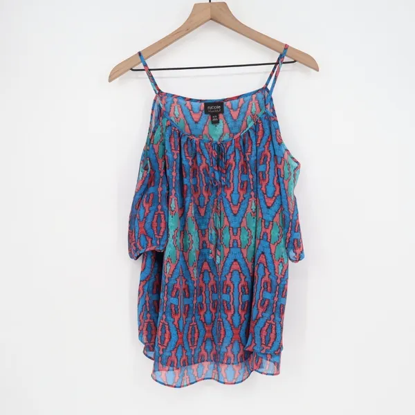 Nicole Miller M Cold Shoulder Tie Neck Blouse Top Geometric Print Blue Pink M - Image 2