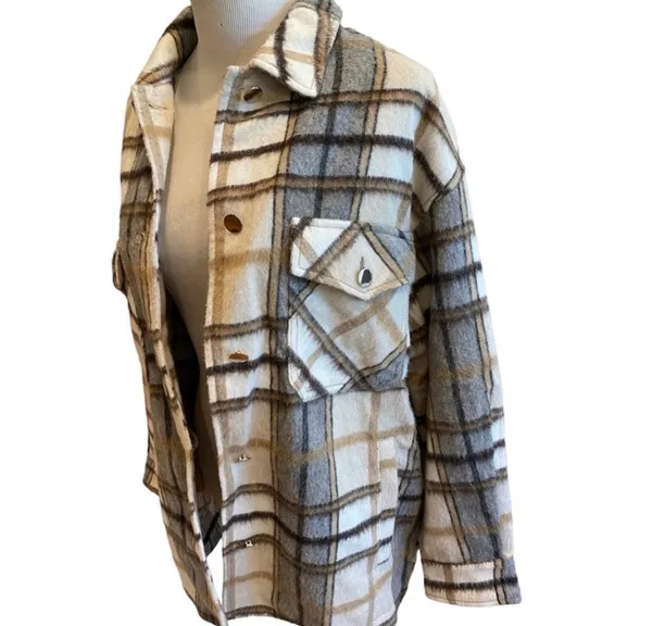 Zara Plaid Wool Flannel Oversized Jacket Shacket Shirt Tan Brown White M Cozy - Image 4