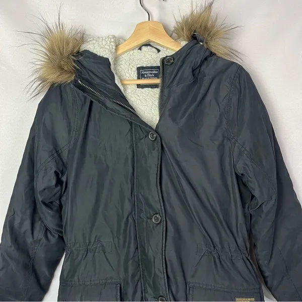 Abercrombie & Fitch Navy Blue Sherpa Lined Military Parka Jacket M‎ - Image 4