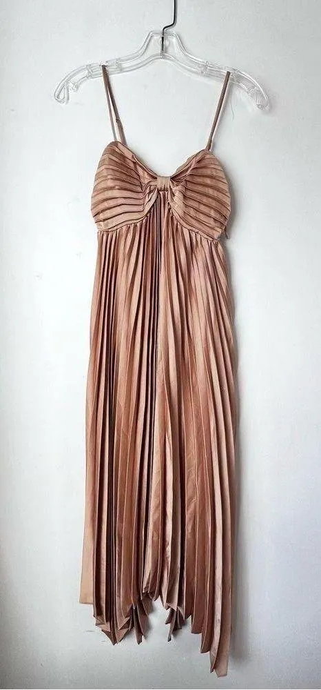 Petal & Pup Vikki Gold Satin Pleated Asymmetrical Hem Midi Dress 2 - Image 9