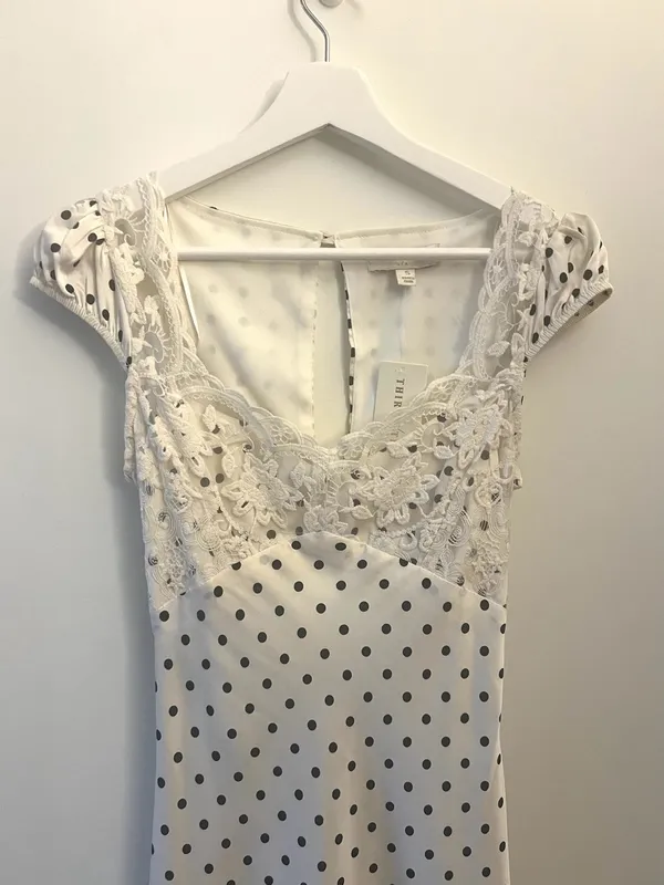 Thirty Thirty White Polka Dot Lace Trim Maxi Dress Size Small - Image 3