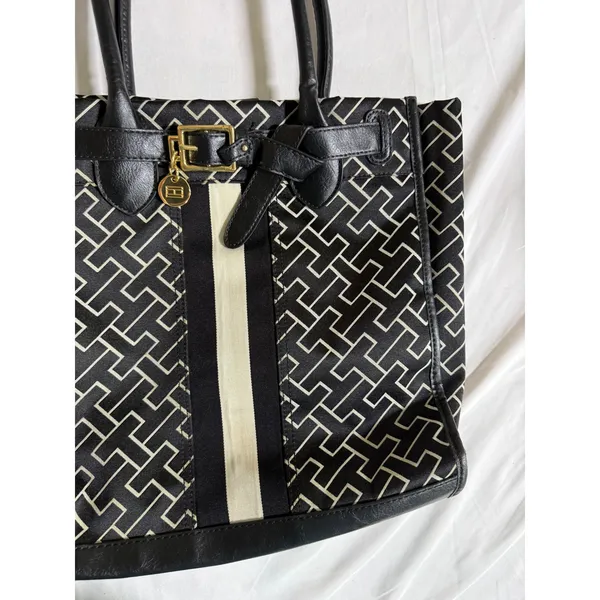 Tommy Hilfiger Monogram Tote Bag Black White Geometric Stripe Gold Buckle Charm - Image 3