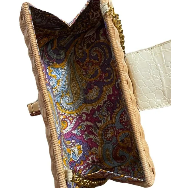 Vintage Woven Wicker Handbag Made In British Hong Kong w/ Leather Trim & Handles - Image 8
