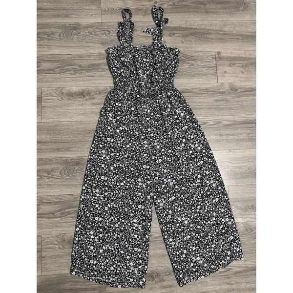 Blue Rair Women‎ Floral Jumpsuit Wide Leg Crop Tie Shoulder Smocked Waist Size L - Image 3