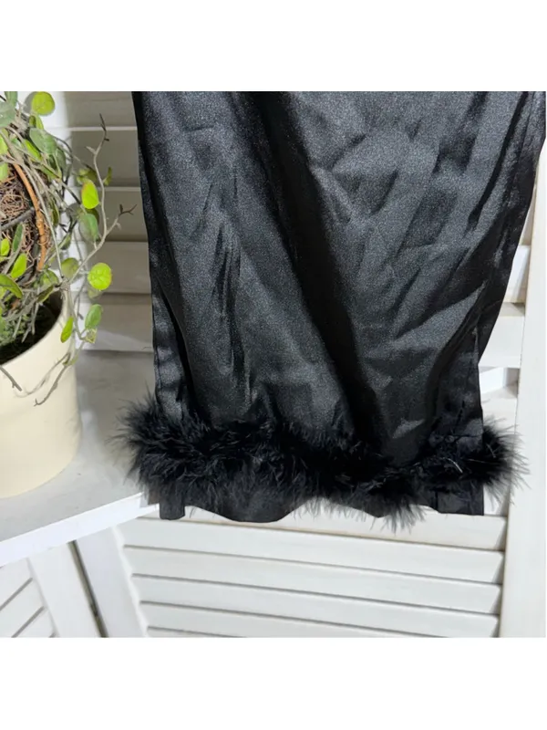 Vintage Y2K black satin pants faux fur ankles wide leg elastic waist whimsigoth - Image 7