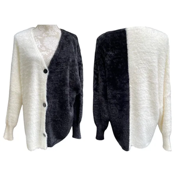 Black White Colorblock Fuzzy Cardigan Sweater Size XL Oversized Drop Shoulder - Image 3