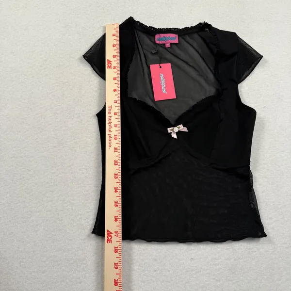 Edikted Mesh Top Womens XS Black Coquette Lace Trim Pink Bow‎ Goth S17276 New - Image 2