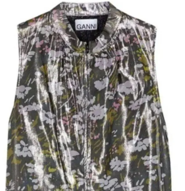 Ganni Floral print silk blend Metallic top Olive Green size 6 - Image 6