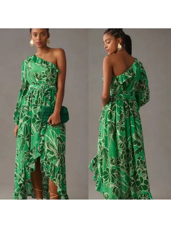 Farm Rio Anthropologie Green One Shoulder Maxi Dress L - Image 2