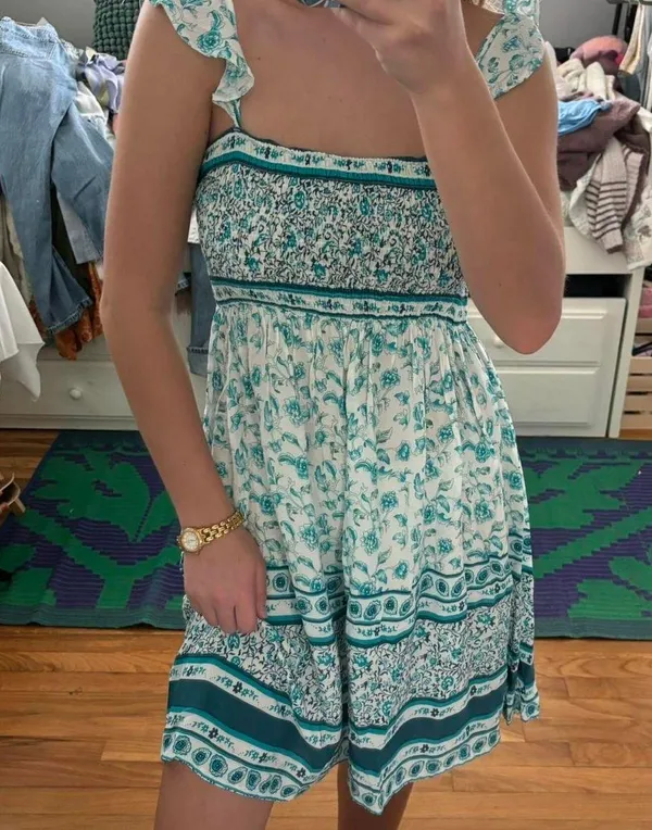 turquoise flowy mini dress Blue - Image 2